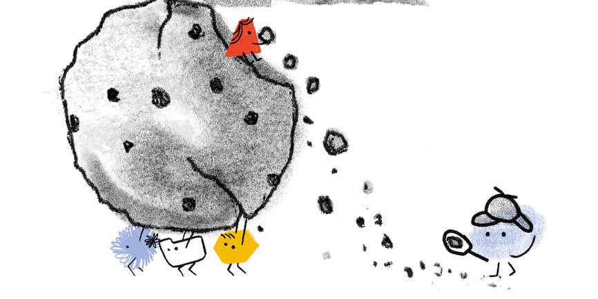 Web Almanacのキャラクターが大きなクッキーを運んでいるヒーロー画像。別のキャラクターがパンくずを投げ、探偵帽と虫眼鏡を持った別のWeb Almanacキャラクターがクッキーの跡を追っています。
